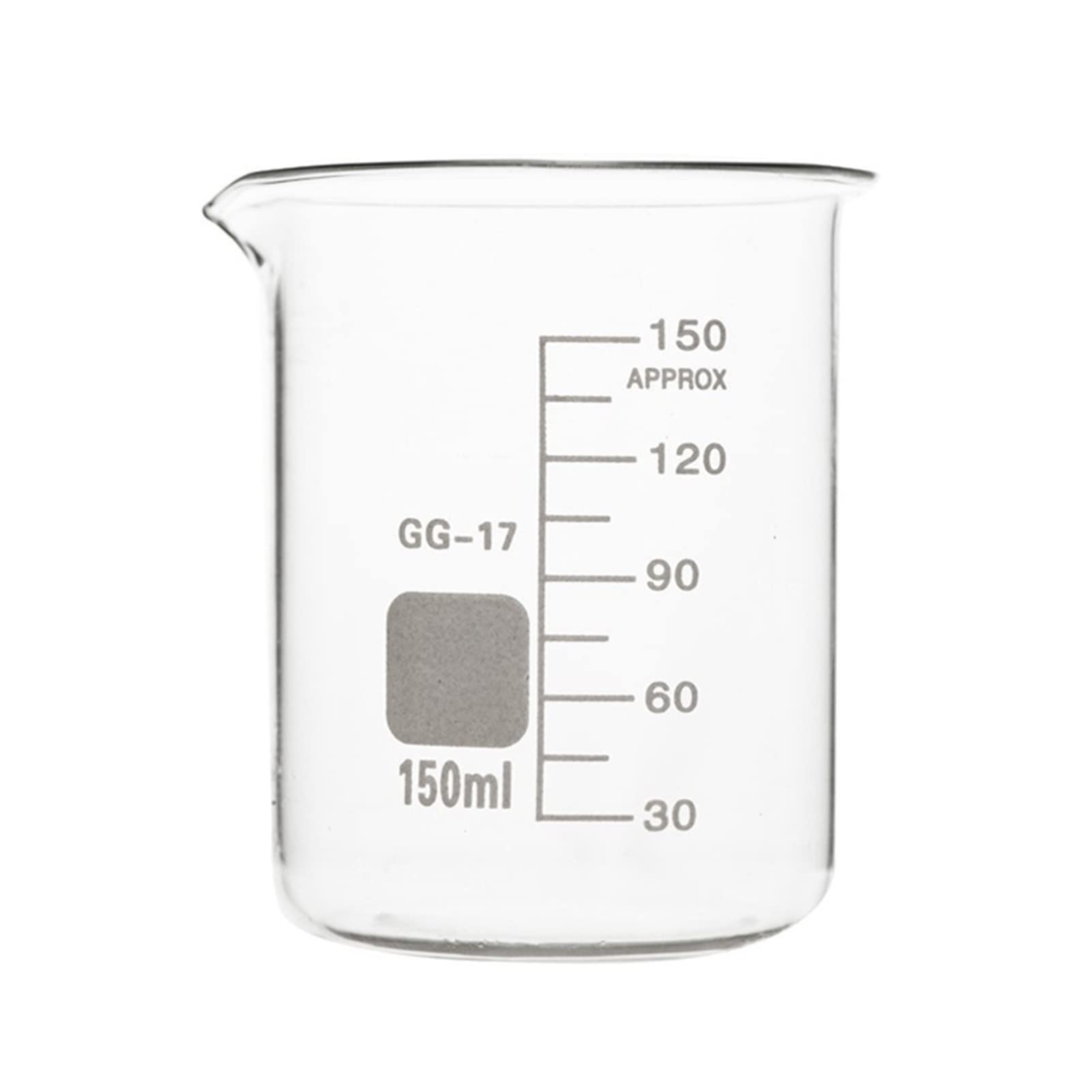 Becher in Vetro da 150 ml con Scala Trasparente, in Vetro borosilicato, Resistente al Calore, in Vetro Spesso, a Forma Bassa, per Laboratorio - Confezione da 6 (Colore: Trasparente, Dimensioni: 150