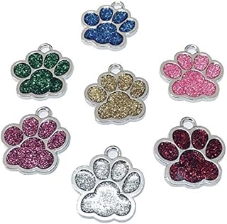 7 Pieces Personalised Engraved Id Pet Tags Glitter Paw Design Quality 27mm Dog Tags (Purple, Green, Gold, Silver, Blue, Pink, Red)