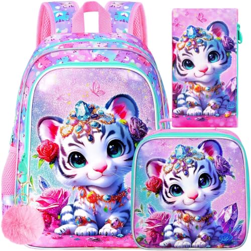 Image of 16 inch Tiger Backpack for Girls, 3Pcs Kids School Backpacks with Lunch Box, Bookbag for Elementary Preschool Kindergarten(Pink)