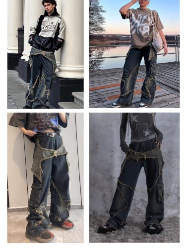 Vamtac Distressed Effect Patchwork Star Denim Jeans Baggy Harajuku Hip Hop Pants Streetwear Baggy Vintage Trousers3