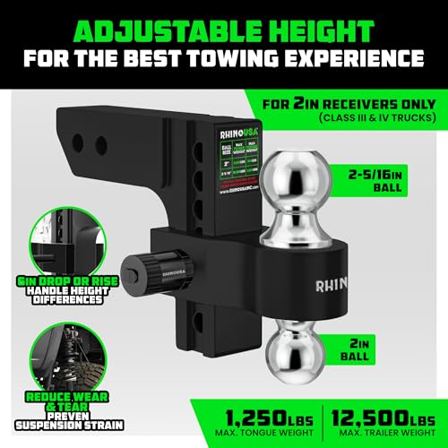 Image of Rhino USA Adjustable Trailer Hitch (Fits 2-Inch Receiver) - Heavy Duty Aluminum Tow Hitches with 6-Inch Drop /Rise for Truck (12,500 LBS GTW) - Weatherproof Double Anti-Theft Locking Hitch Pins (Black)