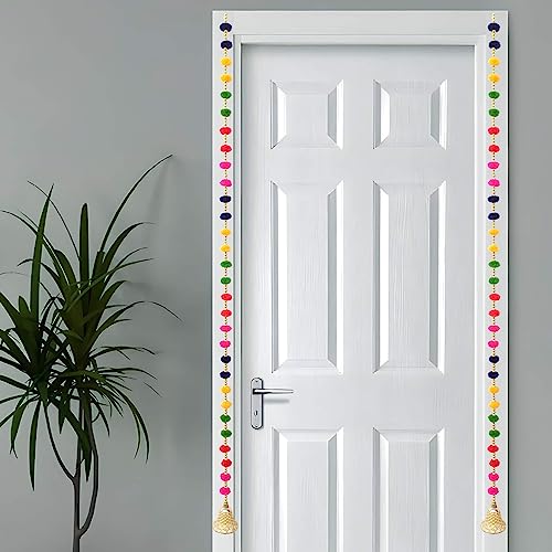 Image of DSCYENTES Pom Pom Door Side Hangings for Decoration, Ganesh Chaturti Decoration, Wall Hanging for Main Entrance,Temple Pooja Room, Stylish & Handmade Diwali Hanging (4 Feet, 12 Pc's)