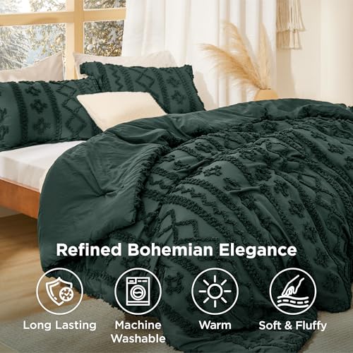 Image of Bedsure Tufted Boho Comforter Set Queen Size - Dark Green Boho Bed Set, GentleSoft 3 Pieces Farmhouse-Style Embroidery Bedding, Gifts for Woman, Soft Jacquard Kids' Queen Comforter for All Seasons
