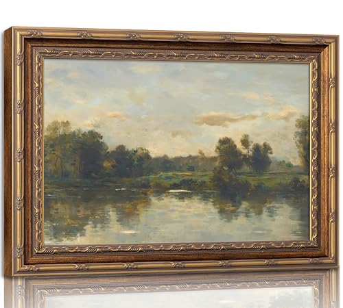 Vintage Gold Framed Landscape Wall Art Vintage River Painting Canvas
