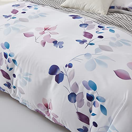 Jezivlo Floral Duvet Cover Set Queen Size White, Botanical Floral Plants Leaves Printed Colorful Foliage Reversible All Season Bedding Set With Zipper Closure (No Comforter) #TOP3
