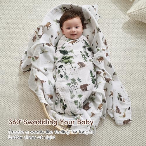 Image of david's kids 4 Pack Baby Muslin Swaddle Blankets, 100% Cotton and Ultra Soft Breathable Receiving Blanket Wrap for Boys Girls, New Born Essentials, Large 47 x 47 inches, Woodland Animals /Green