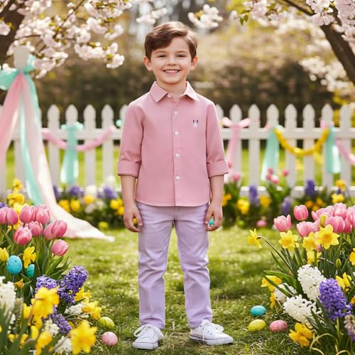 Image of OCHENTA Boys' Long Sleeve Button Down Cute Rabbit Casual Dress Easter Shirt | Oxford Cotton, Embroidered Bunny, Shirts for Boys School & Easter, Church, Wedding, Family Photos, Holiday Outfit