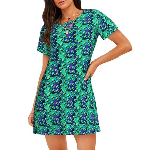 Chemise de nuit courte imprimé extraterrestres pyjama femme manches courtes coton