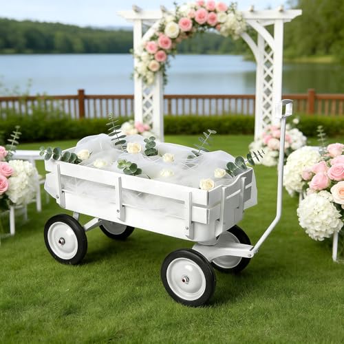HGTHXDF Pull Along Wagon White Flower Girl Wagon All-Terrain Wedding Wagon with Removable Wooden Side Panels Big Tires and Wide Grip Handle for Weddings