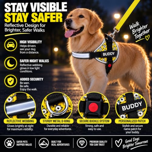 Image of Yellow Fun Print Dog Vest Harness with Leash, No Pull & Reflective