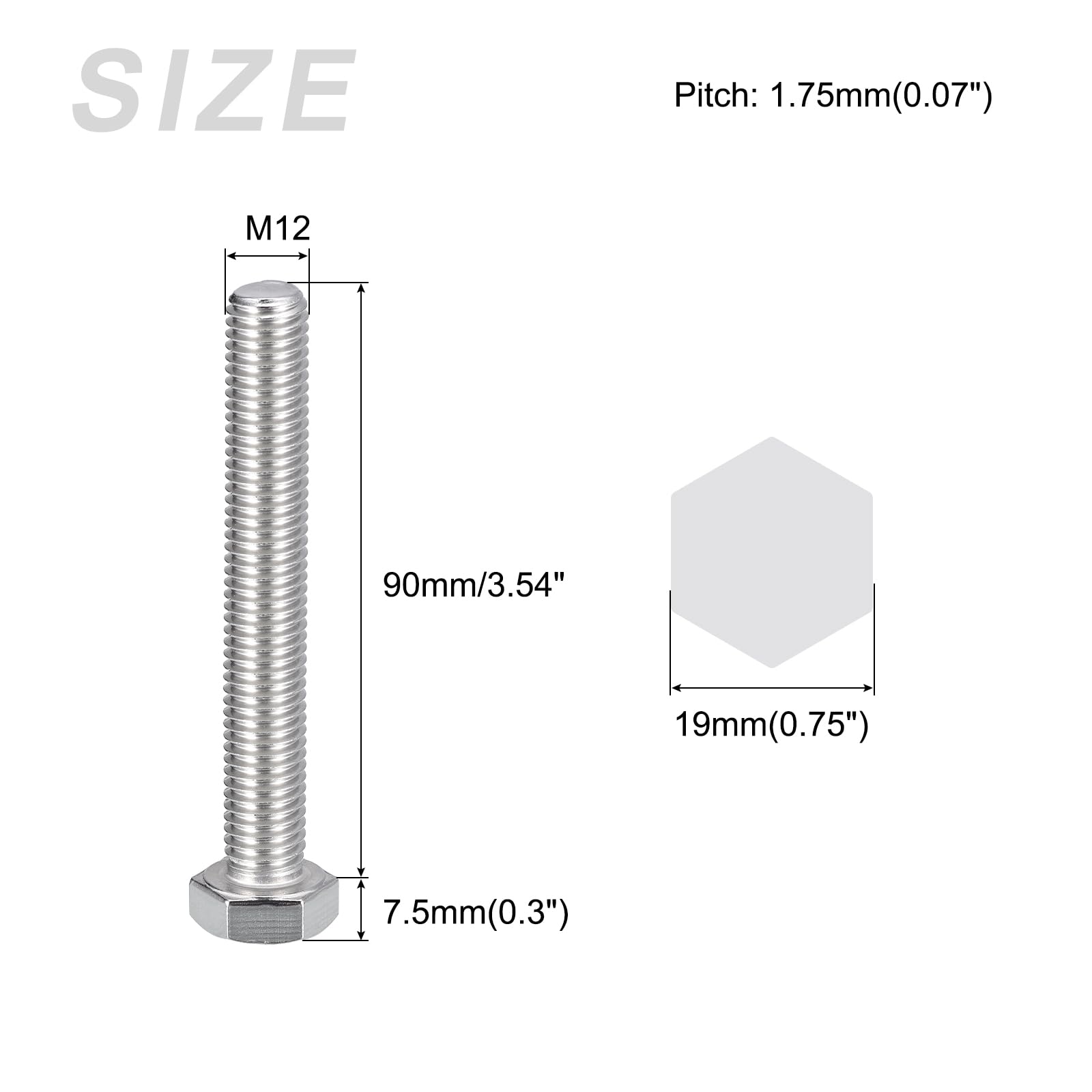 METALLIXITY Hex Bolts (M12-1.75x90mm) 4Pcs, 304 Stainless Steel Coarse Fully Threaded Hex Head Screw Bolt Machine Screws - Image 2