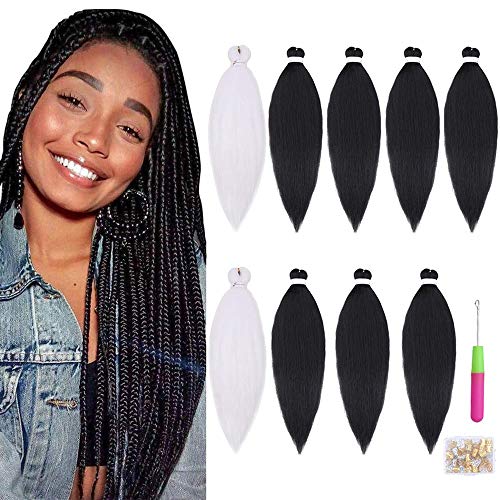 9 Packs/Lot Black White Pre Stretched Braids Hair Yaki Texture Braiding Hair 26 Inch Synthetic Crochet Braiding Hair Extension (7Pcs Black +2Pcs White)
