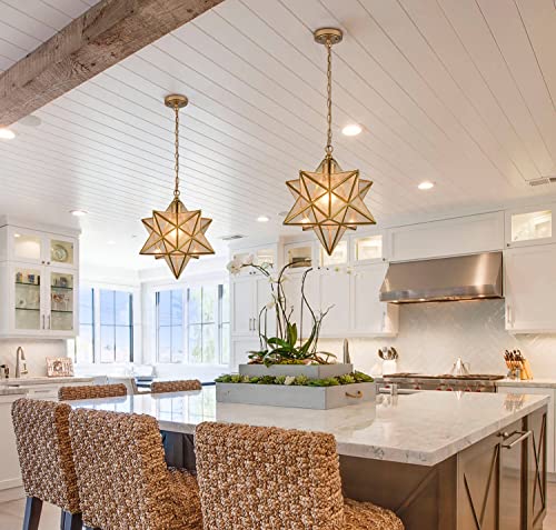 Image of DAYCENT Brass Moravian Star Pendant Lighting Seeded Glass Pendant Lights 13 1 /2 inches