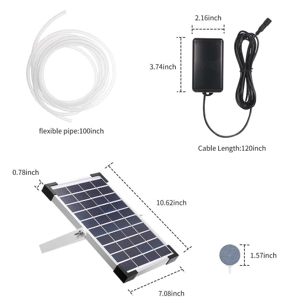Pompa Aria Solare per Acquari e Laghetti, Aeratore Solare con Energia Solare e Batteria, Pompa per Ossigeno con 2 Stone Aria e Tubo da 2,5 m