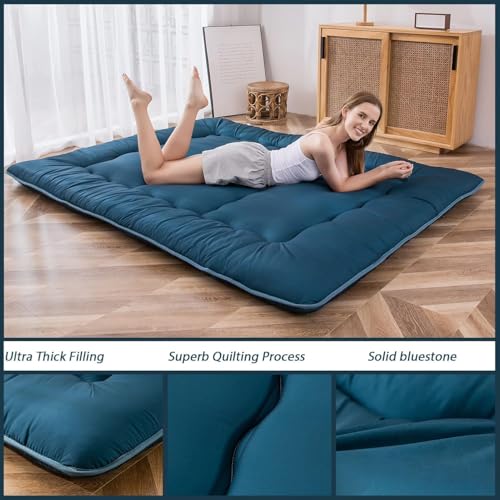 Image of MAXYOYO Japanese Floor Mattress Futon Mattress, Thicken Sleeping Pad Foldable Roll Up Floor Futon for Adults Tatami Mat Dormitory Lounger, Bluestone, Full Size