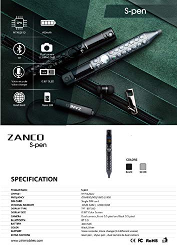 ZANCO Smart Pen World Thinnest Mobile Phone Dual Camera 3.0 Bluetooth Stylus Pen Voice Changer & Recorder Pen Mp3 Sale (Silver) Limited stock available Buy from Factory Direct