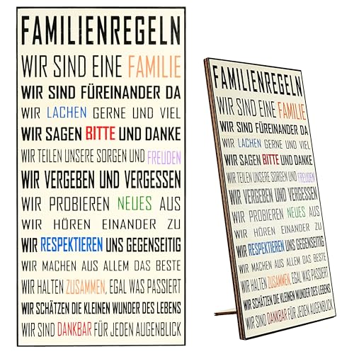 Zinello Design – Wanddeko Holzschild «Familienregeln» – Cartel decorativo de madera 30 x 15 cm para colgar o colocar de pie – Decoración de pared decorativa para el hogar, salón, regalo familiar
