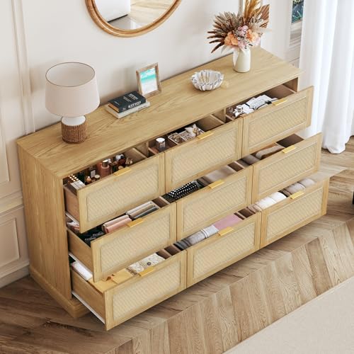 Image of HUAHUU 9 Drawer Dresser for Bedroom, 60 Inch Long Dressers & Rattan Chest of Drawers, Large TV Stand for 55, 65, 70 Inch TV, Boho Style, Modern Dresser for, Living Room, Entryway, Bedroom, Natural Oak