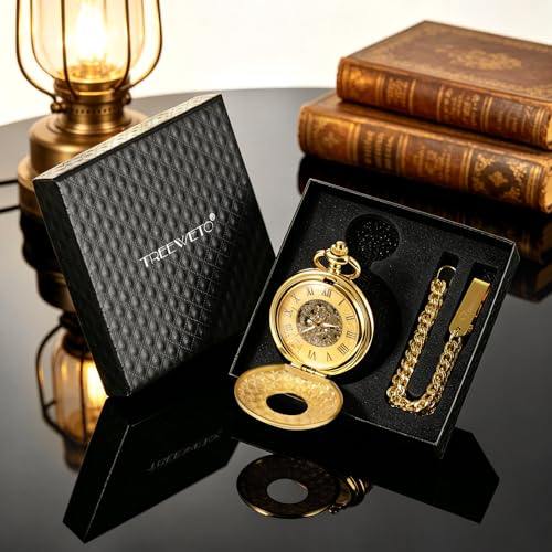 Image of TREEWETO Men's Mechanical Skeleton Pocket Watch for Mens Women Blue Roman Numerals Dial Double Case Pocket Watches