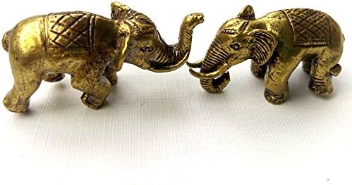 WitnyStore Tiny Brass Caparisoned Elephants 2 Pieces Standing and Lifting Trunk Figurine Symbol of Good Luck Peace Lucky Animal in Asian Cultures Traditional Beliefs Miniature Collectible Figurines