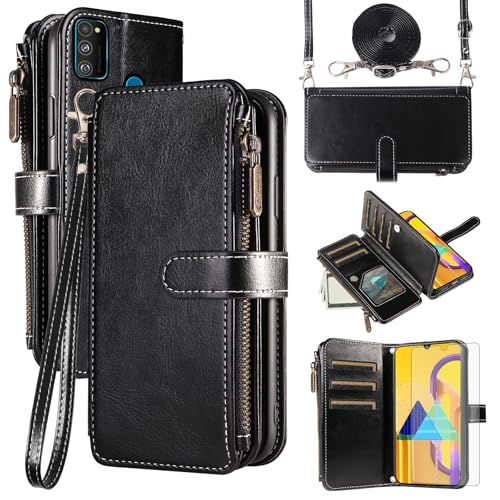 Coque Samsung M30s M21 Asuwish avec portefeuille cuir et verre trempé noir
