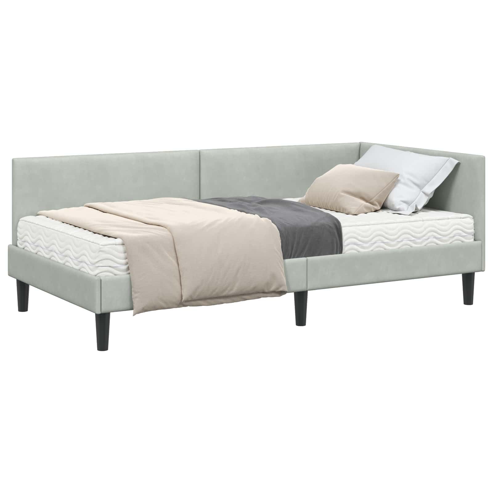 Jasnoszara aksamitna rama łóżka narożnego z materacem, 204 x 104 x 72 cm, oddychająca, trwała, montowany na ścianie, nowoczesny design do sypialni, w zestawie materac o średniej twardości