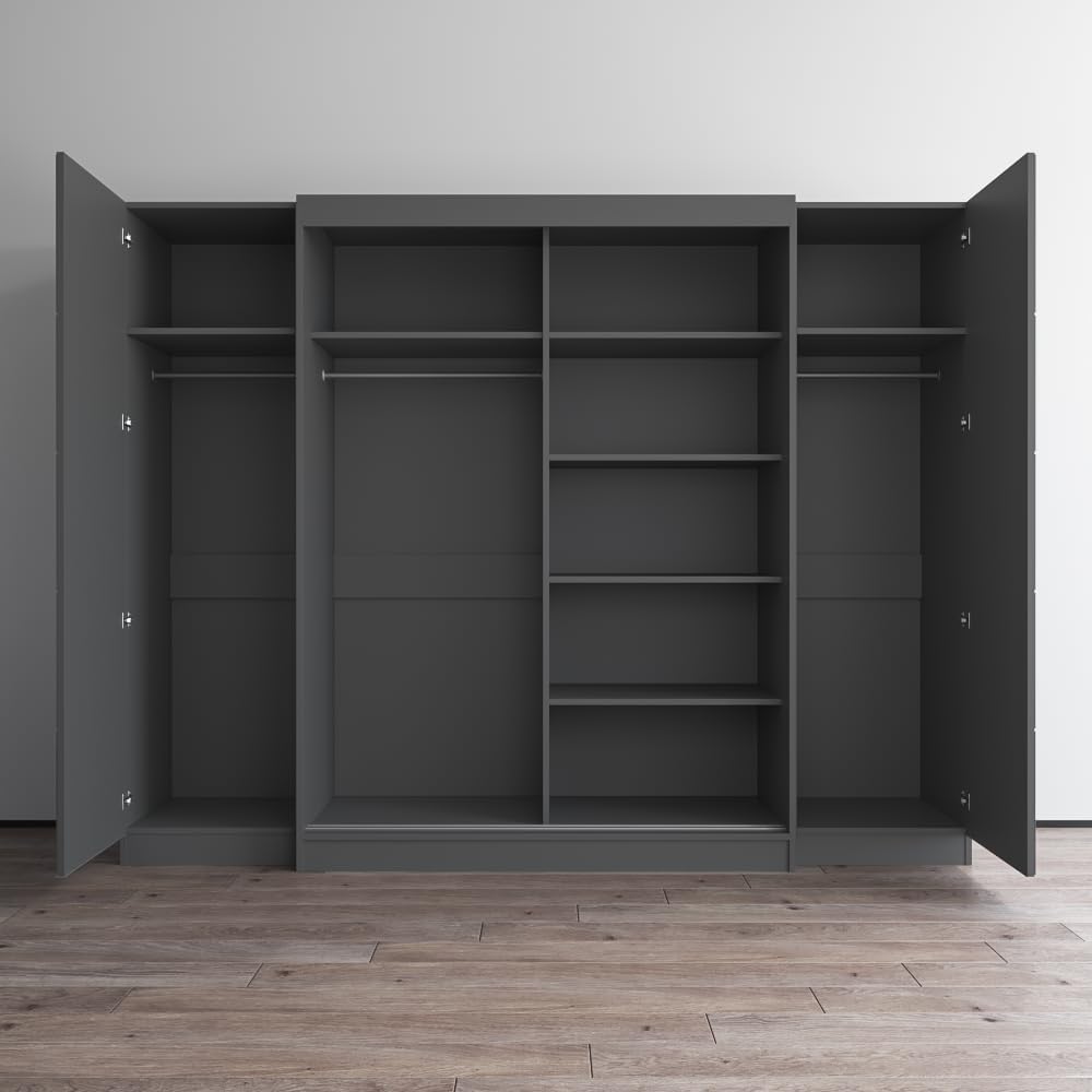 Meble Furniture Aria 2D-EXEX Modern Wardrobe Closet — Spacious Storage with Shelves and Hanging Rod — Contemporary Armoire, 78.9" H x 102.4" W x 25.6" D — Grey