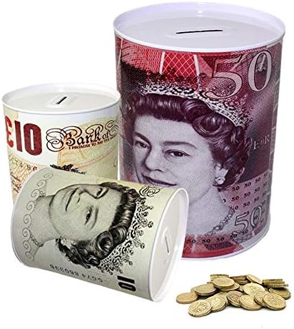 KAV 22 CM 2 Pack Jumbo Large Money Saving Tin Boxes with British Bank Note Design - Perfect Piggy Bank for Kids and Adults for Saving Coins and Notes - Safe and Fun to at Home or Office
