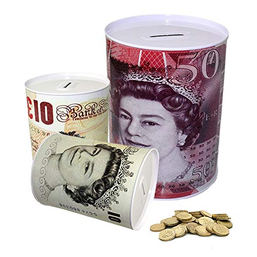 KAV Jumbo Large Money Tin Box (22 CM) - Multicoluor Coin Bank, Ideal Money Saving Jar for Adults & Kids, Perfect for Rainy Day Savings, Sealed to Prevent Dipping, British Banknote Design