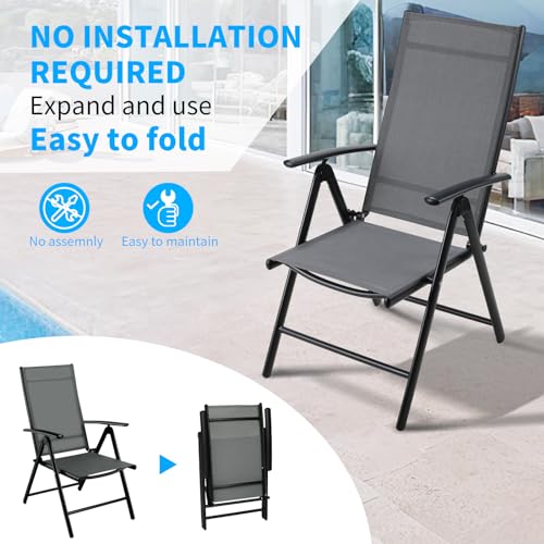 Clevich Gartenstühle Alu 2er Set, Gartenstuhl Hochlehner Klappbar mit 7-Fach Verstellbar Rückenlehne, Balkonstühle bis 120kg, Leicht Campingstühle, Ergonomisch Atmungsaktiv und komfortabel, Dunkelgrau