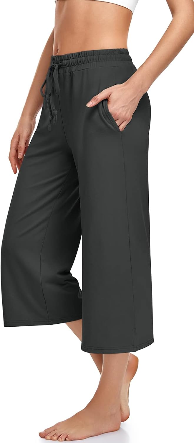 UEU Womens Capri Yoga Pants Summer Wide Leg Loose Casual Cropped Lounge Drawstring Pajama Capris Sweatpants with Pockets - Image 2