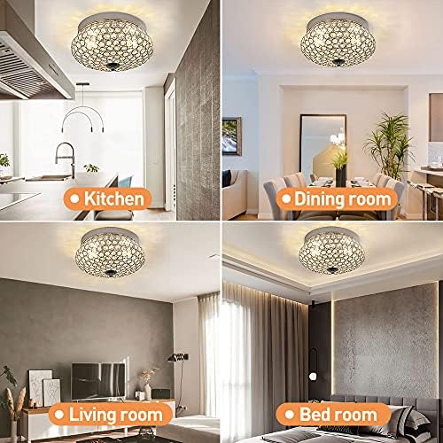 Depuley Modern Crystal Chandelier Ceiling Light, 2-Light Flush Mount LED Ceiling Light with Crown Shape for Bedroom Kitchen Living Room Foyer Hallway,Chrome Finish,E27 Base