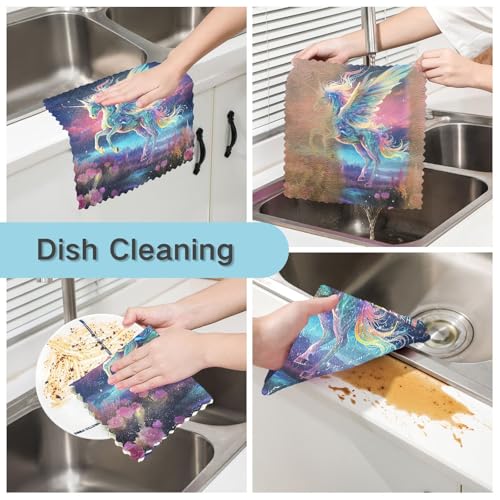 ALAZA Fantasy Rainbow Unicorn Horse Dish Towels Set of 6,Dish Bar Tea Towel Dishcloths Washable Fast Drying Dish Cloth Reusable Cleaning Cloth,11 x 11 inches