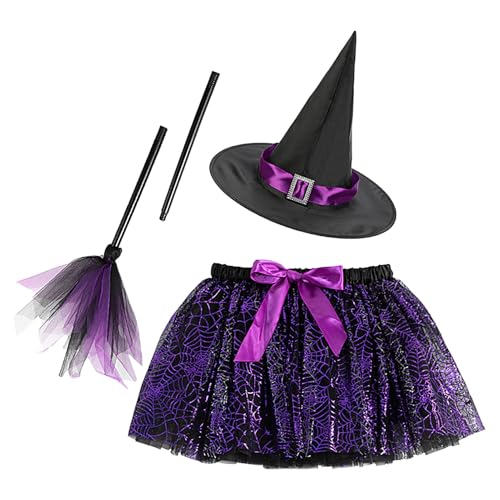 Conjunto de saia tutu de bruxa de Halloween para meninas - saia de malha em camadas, padrão Web brilhante | disfarce de vestuário de 3 peças, acessório de chapéu pontiagudo, vestuário colorido para