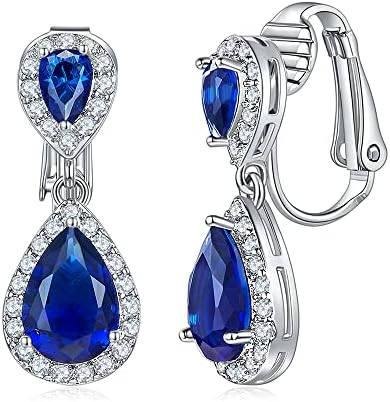 LAVINA Fancy Teardrop CZ Clip On Dangle Earring Classic And Elegant Hypoallergenic Earrings For Women Brides Wedding (Blue)