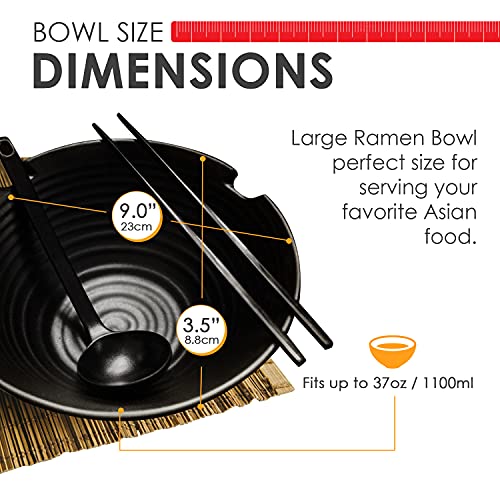 Kimi Cuisine Ramen Bowl Set Of 2, 8Pcs Total With Chopsticks, Black Melamine Bowls With Soup Ladle Spoons, Saucer Cups And Large 37 Oz #TOP2