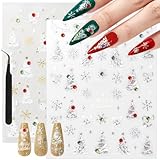 Allstarry Christmas Nail Stickers, 80+ Stickers Christmas Nail Decals Holographic Xmas Trees Snowflakes with Colorful Rhinestone Silver Gold Winter Nails Sticker for Women Girl Gift
