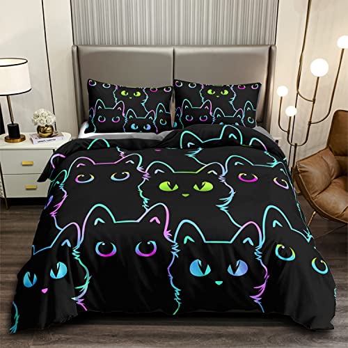 Cartoon Cat Comforter Cover Set Twin Size,Gradient Line Cat Bedding Set,Cute Cat Duvet Cover Set with Zipper for Teens Kids Boys Girls Adults Room Decor,1 Quilt Cover 2 Pillow Cases No Comforter,Black
