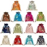 kilofly 14 pc Silk Brocade Jewelry Bag Double Layer Drawstring Coin Gift Pouch