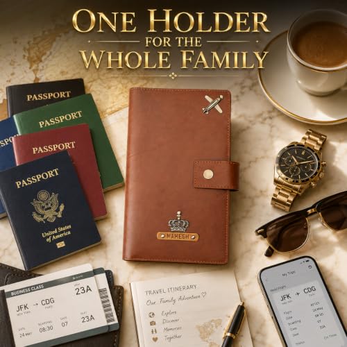 Image of The Junket Family Passport Holder for Up to 6 | Personalized Passport Cover with Custom Name & Charm | Premium Travel Document Organizer | Raksha Bandhan Gift for Travelers (Tan)