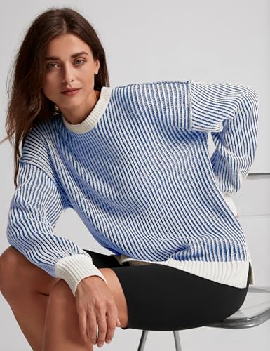 Image of Beyond Chenille Sweater for Women 2024 Winter Crew Neck Pullover Sweater Color Block Knit Tops (13W-Navy-M)
