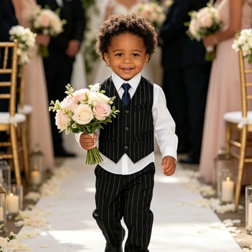 Image of Baby Boy Formal Suit for Toddler Infant Tuxedo Dress Suits | Little Gentleman, Wedding Ring Bearer Outfit, Vest Pants Long-Sleeve Shirt Tie, Birthday Party Christmas Prom, Classic