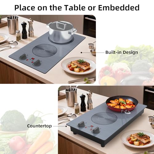 Image of GlHETKUT Induction Cooktop,110V 2300W double burner hot plate with LED Touch Screen,9 Power Levels,Kids Lock & Timer,knob and touch control 2 burner induction cooktop