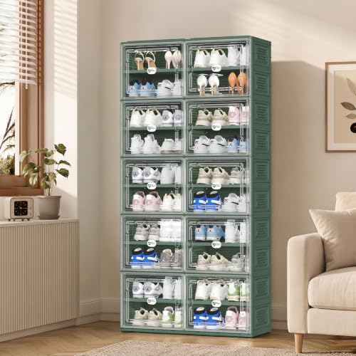 Image of Green Foldable Shoe Storage Cabinet for 40 Pairs with Magnetic Clear Doors, Portable Enclosed Shoe Organizer, 3-Step Quick Assembly for Entryway, Closet, Garage