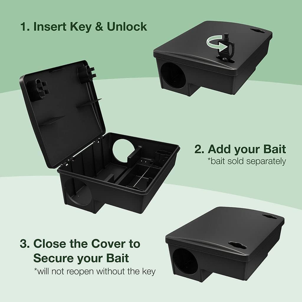 Rat Bait Stations 2-Pack | Refillable Outdoor Mouse Bait Station with 2 Locks & Keys | Weather-Resistant Rodent Bait Box for Indoor & Outdoor | Pet & Kid-Safe Rat Trap Alternative Medium Size