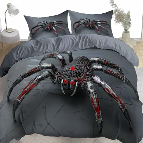 Grey 3D Duvet Cover Toddler Mechanical Spider 3D Printed Bedding Set 3 Pcs Soft Microfiber Comforter Cover with 2 Pillowcase 40