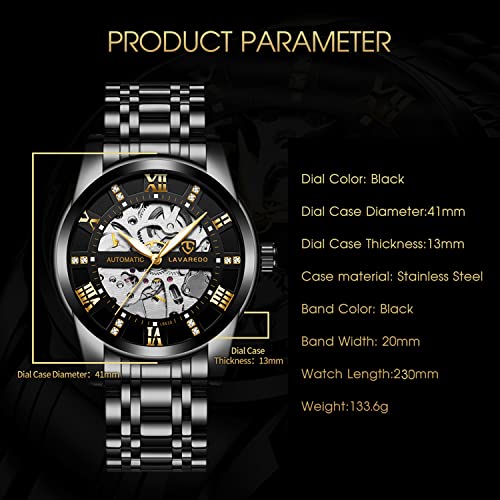 A Alps Mens Watch Skeleton Luxury Mechanical Stainless Steel Waterproof Black Automatic Self-Winding Roman Numerals Diamond Dial Wrist Watch #TOP5