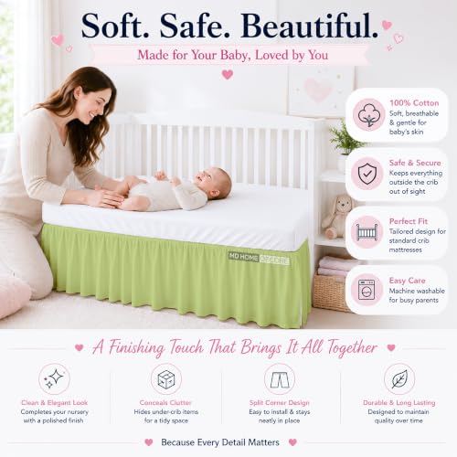 Image of Crib Bed Skirt Dust Ruffle with Split Corners Cotton, 14 inch Drop, Sage | Nursery Standard Crib Bedding Bed Skirt for Baby Boys and Baby Girls. Hides Under-Crib Storage for a Neat Appearance