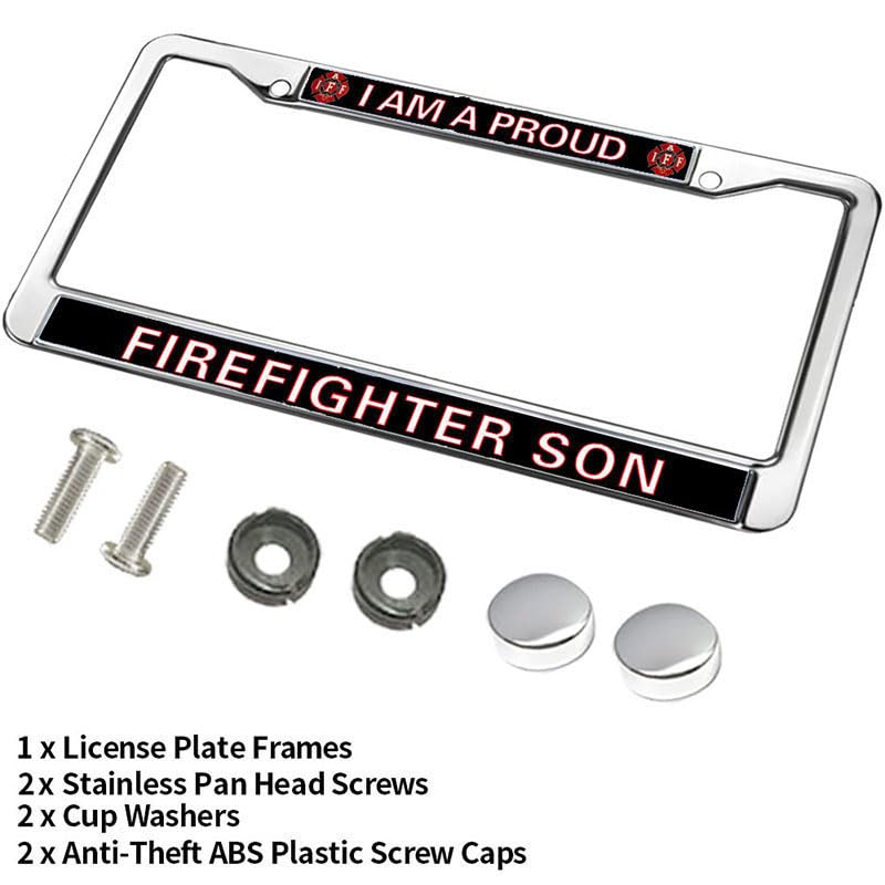 Image of Proud Firefighter Son License Plate Frame Firefighter Superhero Durable License Plate Frame Firefighter Gifts for Men