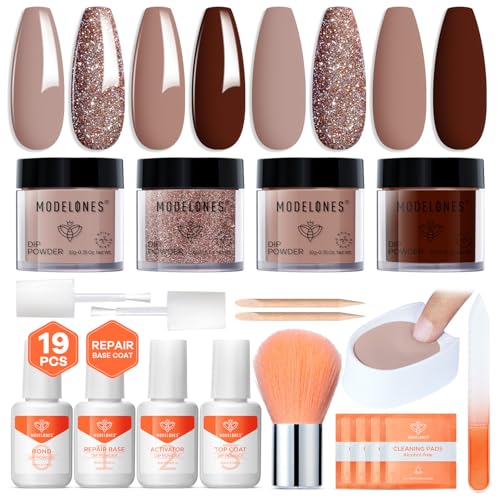 Modelones Dip Powder Nail Kit 4 Colors Brown Glitter Dipping Starter Set with Liquid and Complete Accessories for French Nails Art Salon DIY at Home Manicure